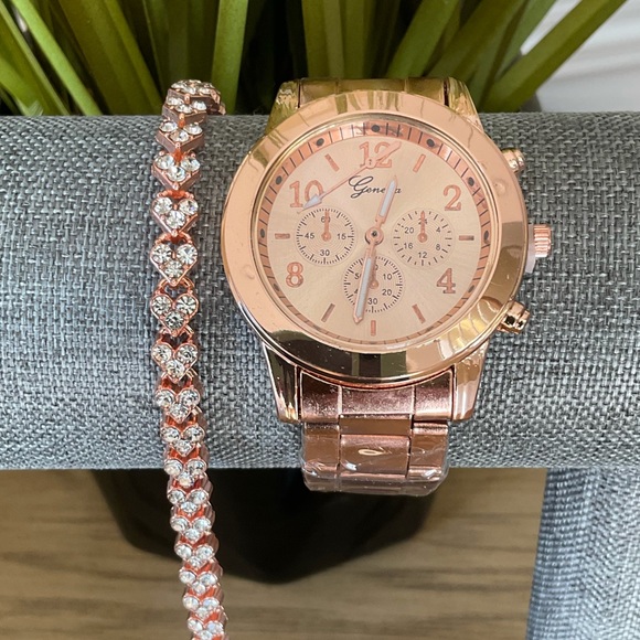 Accessories - Triple Dial Quartz Watch & Faux Diamond  Tennis Bracelet Set~ In Rose Gold